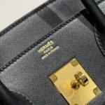 QUADRILLE BIRKIN 30CM IN BLACK SWIFT CALFSKIN WHITE BLACK PLAID TOILE CANVAS - Image 7