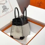 QUADRILLE BIRKIN 30CM IN BLACK SWIFT CALFSKIN WHITE BLACK PLAID TOILE CANVAS - Image 12