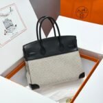 QUADRILLE BIRKIN 30CM IN BLACK SWIFT CALFSKIN WHITE BLACK PLAID TOILE CANVAS - Image 11