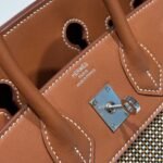 QUADRILLE BIRKIN 25CM IN GOLD SWIFT CALFSKIN AND BLACK/WHITE/BROWN TOILE CANVAS - Image 6