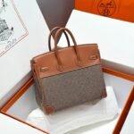QUADRILLE BIRKIN 25CM IN GOLD SWIFT CALFSKIN AND BLACK/WHITE/BROWN TOILE CANVAS - Image 2
