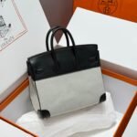 QUADRILLE BIRKIN 25CM IN BLACK SWIFT CALFSKIN WHITE TOILE CANVAS - Image 2