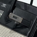 QUADRILLE BIRKIN 25CM IN BLACK SWIFT CALFSKIN WHITE BLACK PLAID TOILE CANVAS - Image 17
