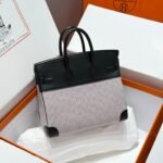 QUADRILLE BIRKIN 25CM IN BLACK SWIFT CALFSKIN WHITE BLUE PINK PLAID TOILE CANVAS - Image 11