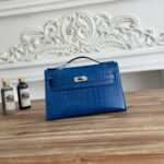 HM 26S KELLY MINI 22MM IN DARK BLUE CROC EMBOSSED CALFSKIN SILVER KELLY BUCKLE