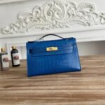 HM 26S KELLY MINI 22MM IN DARK BLUE CROC EMBOSSED CALFSKIN GOLD KELLY BUCKLE