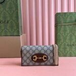 HORSEBIT 1955 WALLET IN BEIGE EBONY CANVAS MIX BROWN CALFSKIN GOLD CHAIN