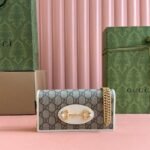 HORSEBIT 1955 WALLET IN BEIGE EBONY CANVAS MIX WHITE CALFSKIN GOLD CHAIN