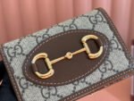 HORSEBIT 1955 CARD CASE WALLET 11.5 IN BEIGE EBONY GG CANVAS BROWN CALFSKIN - Image 6