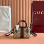 GUCCI 25S OPHIDIA MINI BOSTON BAG 16 IN BEIGE CANVAS AND BROWN CALFSKIN - Image 11