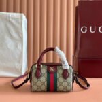 GUCCI 25S OPHIDIA MINI BOSTON BAG 16 IN BEIGE CANVAS AND ROSSO ANCORA CALFSKIN - Image 10