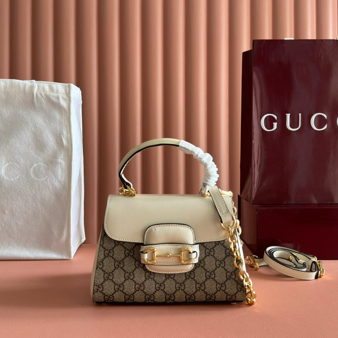 img_89648692_20251112_i1762945145_9647_2_jpg GUCCI 25S HORSEBIT 1955 MEDIUM SHOULDER BAG 22 CM IN BEIGE CANVAS AND CREAM WHITE CALFSKIN WITH GOLD HARDWARE - Image 1