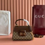 GUCCI 25S HORSEBIT 1955 MEDIUM SHOULDER BAG 22 CM IN DARK BEIGE CANVAS AND BROWN CALFSKIN WITH GOLD HARDWARE - Image 10