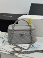 MINI VANITY TOP HANDLE CASE 17 IN GREY CAVIAR SKIN SILVER-TONE PLATED METAL - Image 4