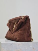 YSL 25S LOULOU PUFFER MM 29 IN DARK BROWN SUEDE GOLD HARDWARE - Image 6