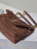 YSL 25S LOULOU PUFFER MM 29 IN DARK BROWN SUEDE GOLD HARDWARE - Image 4
