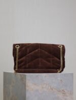 YSL 25S LOULOU PUFFER MM 29 IN DARK BROWN SUEDE GOLD HARDWARE - Image 2