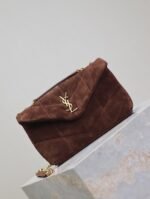 YSL 25S LOULOU PUFFER MINI 23 IN DARK BROWN SUEDE GOLD HARDWARE - Image 9