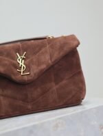 YSL 25S LOULOU PUFFER MINI 23 IN DARK BROWN SUEDE GOLD HARDWARE - Image 3