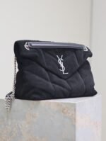 YSL 25S LOULOU PUFFER GM 35 IN BLACK SUEDE SILVER HARDWARE - Image 6