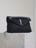 YSL 25S LOULOU PUFFER MM 29 IN BLACK SUEDE SILVER HARDWRE - Image 7