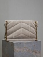 YSL 25S LOULOU PUFFER GM 35 IN SMOKEY TAUPE SUEDE GOLD HARDWRE - Image 11