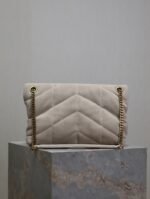 YSL 25S LOULOU PUFFER MM 29 IN SMOKEY TAUPE SUEDE GOLD HARDWARE - Image 11