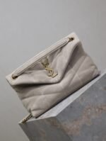 YSL 25S LOULOU PUFFER MM 29 IN SMOKEY TAUPE SUEDE GOLD HARDWARE - Image 16