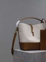 YSL 25S LE 5 À 7 BUCKET 26 IN CREAM BROWN CALFSKIN AND CANVAS GOLD HARDWARE - Image 8