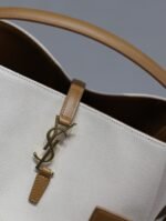 YSL 25S LE 5 À 7 BUCKET 26 IN CREAM BROWN CALFSKIN AND CANVAS GOLD HARDWARE - Image 3