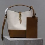 YSL 25S LE 5 À 7 BUCKET 26 IN CREAM BROWN CALFSKIN AND CANVAS GOLD HARDWRE - Image 10