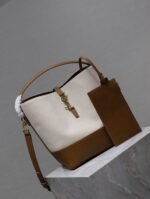 YSL 25S LE 5 À 7 BUCKET 26 IN CREAM BROWN CALFSKIN AND CANVAS GOLD HARDWARE - Image 13