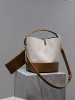 YSL 25S LE 5 À 7 BUCKET 26 IN CREAM BROWN CALFSKIN AND CANVAS GOLD HARDWARE - Image 11