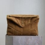 YSL 25S LOULOU PUFFER GM 35 IN TAN BROWN SUEDE GOLD HARDWRE