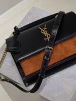YSL 25S SUNSET MM 25 IN BLACK CALFSKIN AND CARAMEL SUEDE GOLD HARDWRE - Image 4
