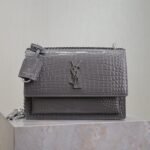 YSL 25S SUNSET MEDIUM 22 IN DARK GRAY CROCODILE-EMBOSSED SHINY CALFSKIN SILVER HARDWRE