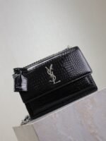 YSL 25S SUNSET MEDIUM 22 IN BLACK CROCODILE-EMBOSSED SHINY CALFSKIN SILVER HARDWARE - Image 9