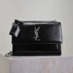 YSL 25S SUNSET MEDIUM 22 IN BLACK CROCODILE-EMBOSSED SHINY CALFSKIN SILVER HARDWARE - Image 10