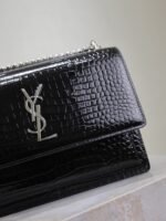 YSL 25S SUNSET MEDIUM 22 IN BLACK CROCODILE-EMBOSSED SHINY CALFSKIN SILVER HARDWARE - Image 3