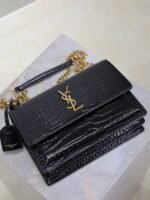 YSL 25S SUNSET MEDIUM 22 IN BLACK CROCODILE-EMBOSSED SHINY CALFSKIN GOLD HARDWRE - Image 15