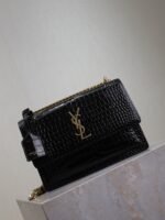YSL 25S SUNSET MEDIUM 22 IN BLACK CROCODILE-EMBOSSED SHINY CALFSKIN GOLD HARDWARE - Image 18
