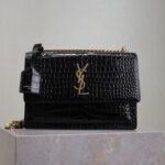 YSL 25S SUNSET MEDIUM 22 IN BLACK CROCODILE-EMBOSSED SHINY CALFSKIN GOLD HARDWARE - Image 10