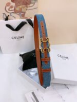 CELINE 25S BELT TRIOMPHE TAURILLON 25MM IN BROWN CALFSKIN AND DENIM 558351 - Image 2