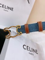 CELINE 25S BELT TRIOMPHE TAURILLON 25MM IN BROWN CALFSKIN AND DENIM 558351 - Image 3