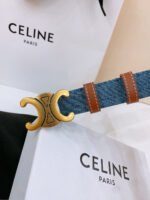CELINE 25S BELT TRIOMPHE TAURILLON 25MM IN BROWN CALFSKIN AND DENIM 558355 - Image 3