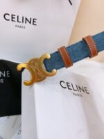 CELINE 25S BELT TRIOMPHE TAURILLON 25MM IN BROWN CALFSKIN AND DENIM 558357 - Image 9