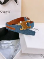 CELINE 25S BELT TRIOMPHE TAURILLON 25MM IN BROWN CALFSKIN AND DENIM 558357 - Image 2