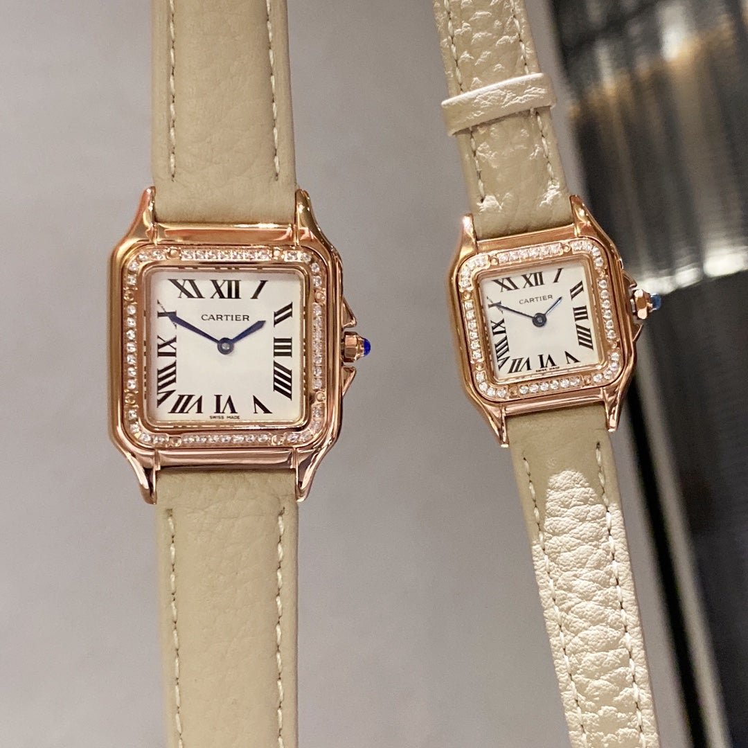 13272833930692401_fd5e1a89-3d77-4107-99cc-a85f3163c7d1-1 PANTHERE DE CARTIE DIAMOND BEZEL ROSE GOLD BEIGE LEATHER - Option 1 22mm - Option 2 Japan Movement - Image 1