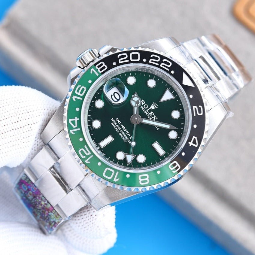 13304659224836945_5be06d6c-f034-4d13-8b3c-b09bb3c9fea4 GMT-MASTER II CUSTOM GREEN BLACK BEZEL GREEN DIAL OYSTER BRACELET - Image 1