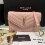 Saint Laurent Cassandre Matelassé Chain Wallet (Pale Pink)